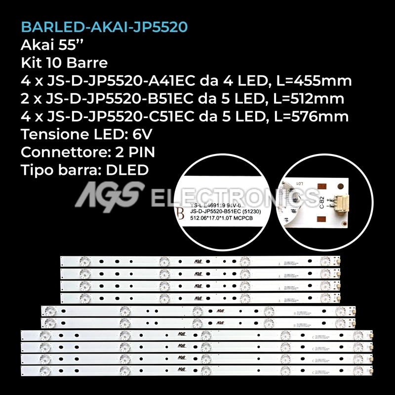 E55EU/EP1000 70317 Strisce LED 10pcs per Akai 55" TV AKTV 5534 JS-D-JP55EU-051EC 